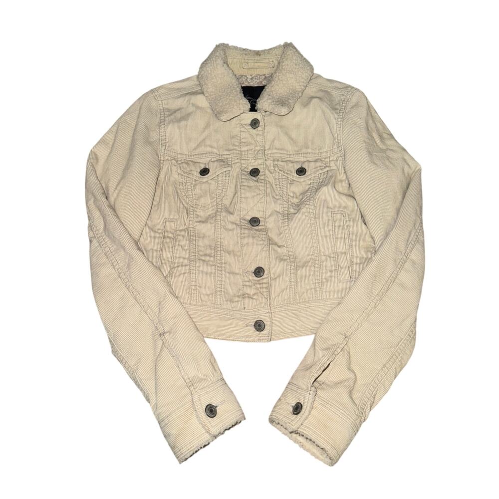 American Eagle Corduroy Jacket Women's Size S Cream Faux Fur Collar Cuff Button